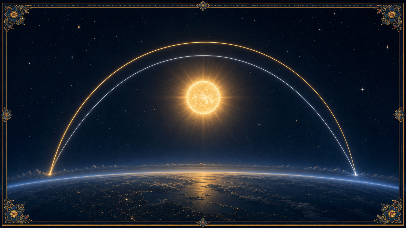 Two offset solar paths appear above Earth's horizon, one aligned with the seasonal turning point and the other with a fixed star field.