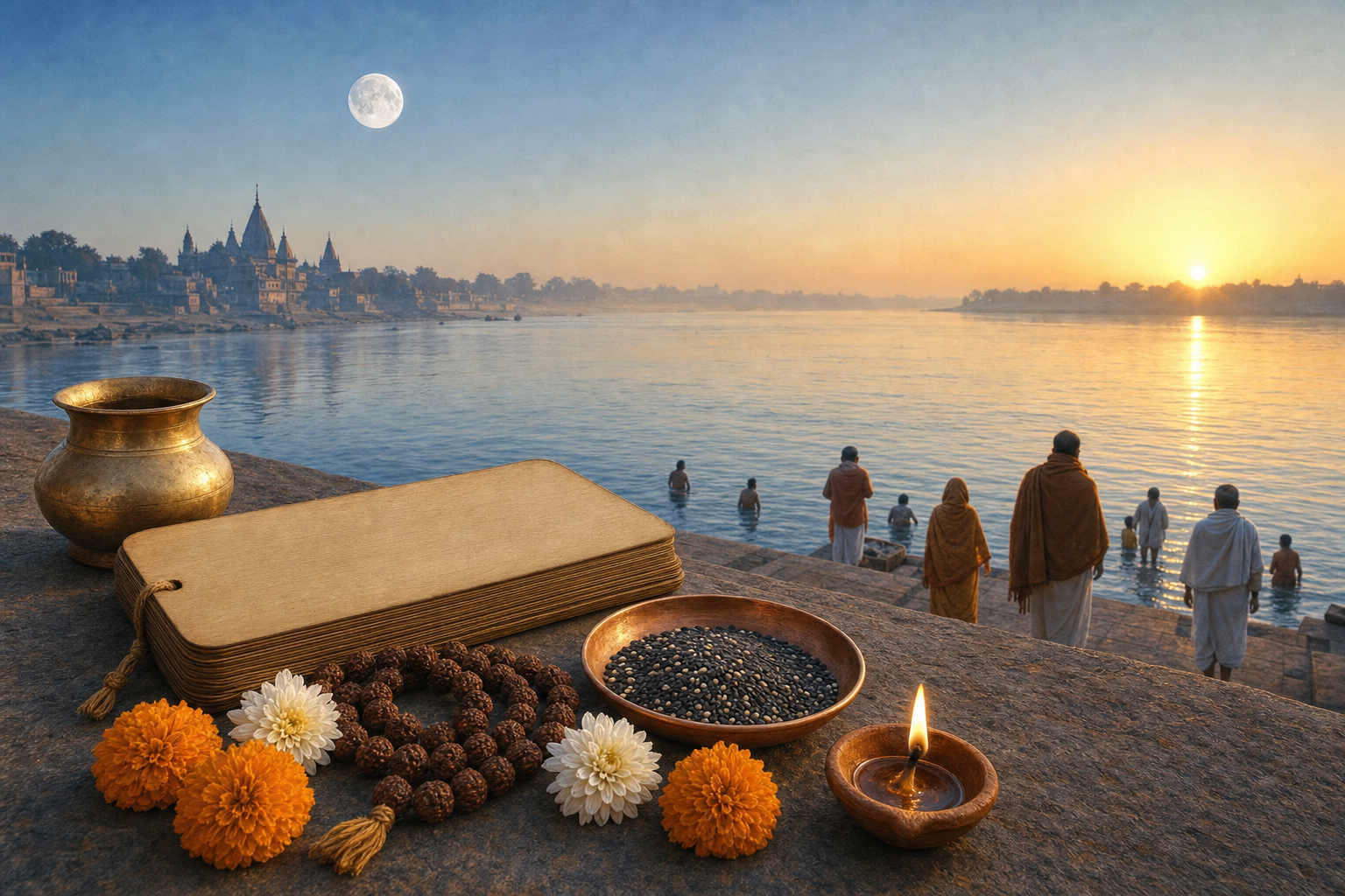 Brass ritual vessels, prayer beads, flowers, sesame seeds and a clay lamp rest beside a blank almanac on river steps at winter dawn.