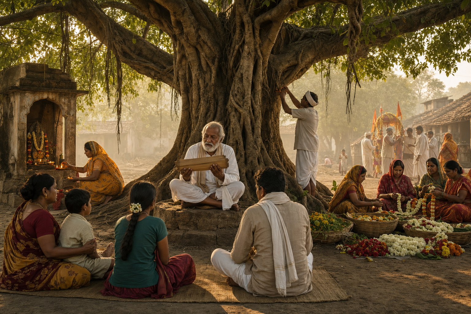 A storyteller, worshippers, garland makers, and a pilgrim gather beneath one banyan tree while engaging with the same epic in different ways.