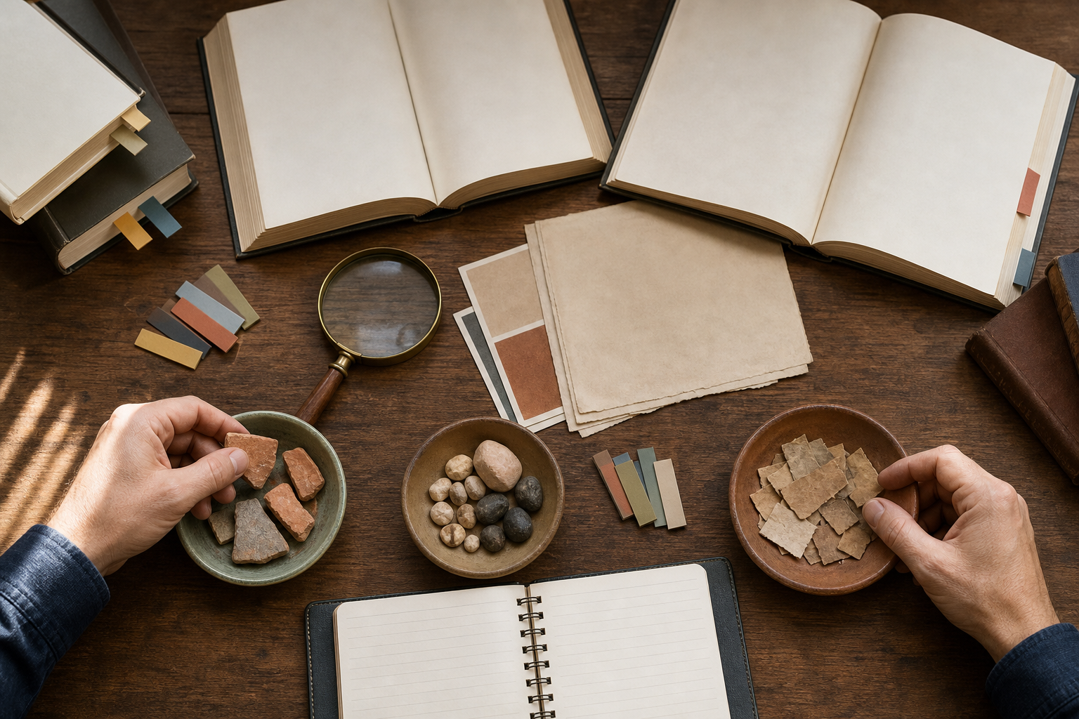 A researcher's hands compare blank reference pages, archival materials, colored tabs, and grouped objects on a wooden desk.