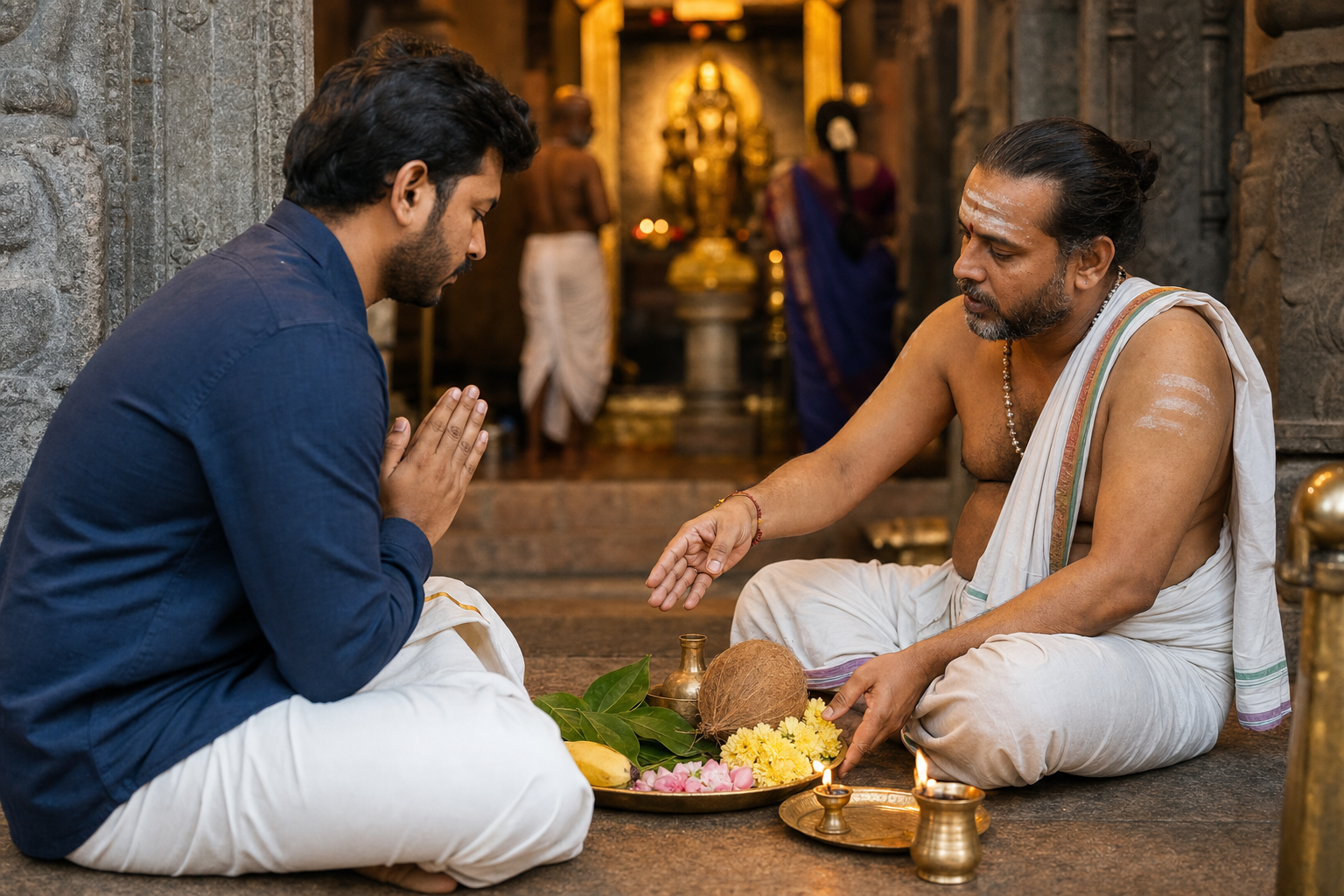 A seated devotee joins their hands while a priest attends to a flower and fruit offering tray in a temple.