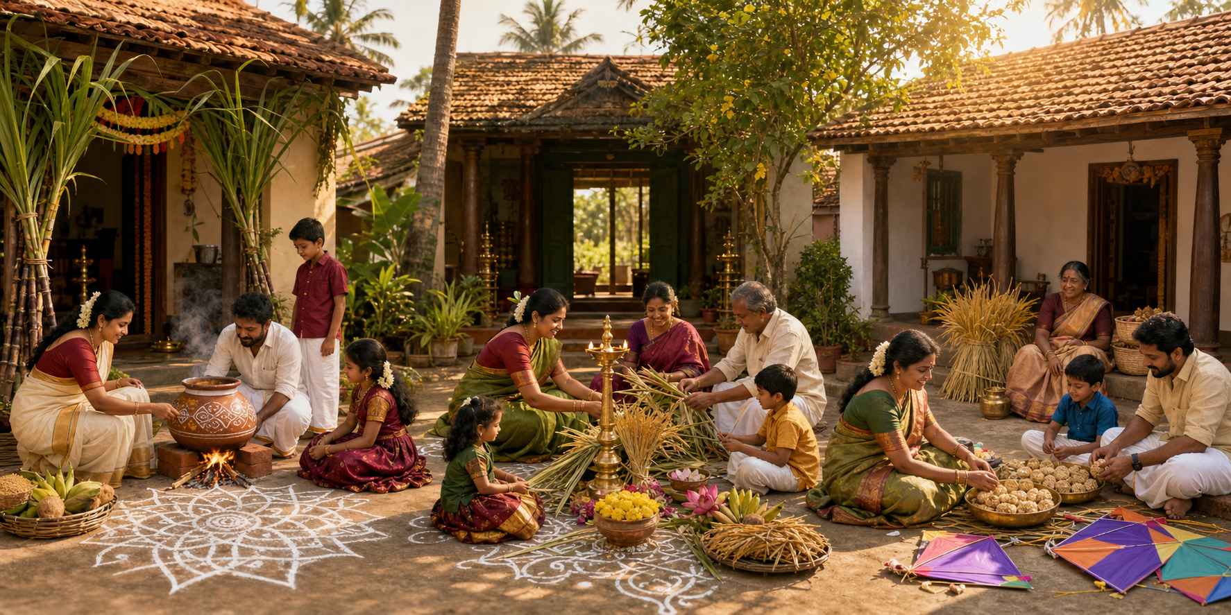 Families in three adjoining courtyards prepare new rice, sugarcane, lamps, flowers, sesame sweets, and harvest offerings for regional solar observances.