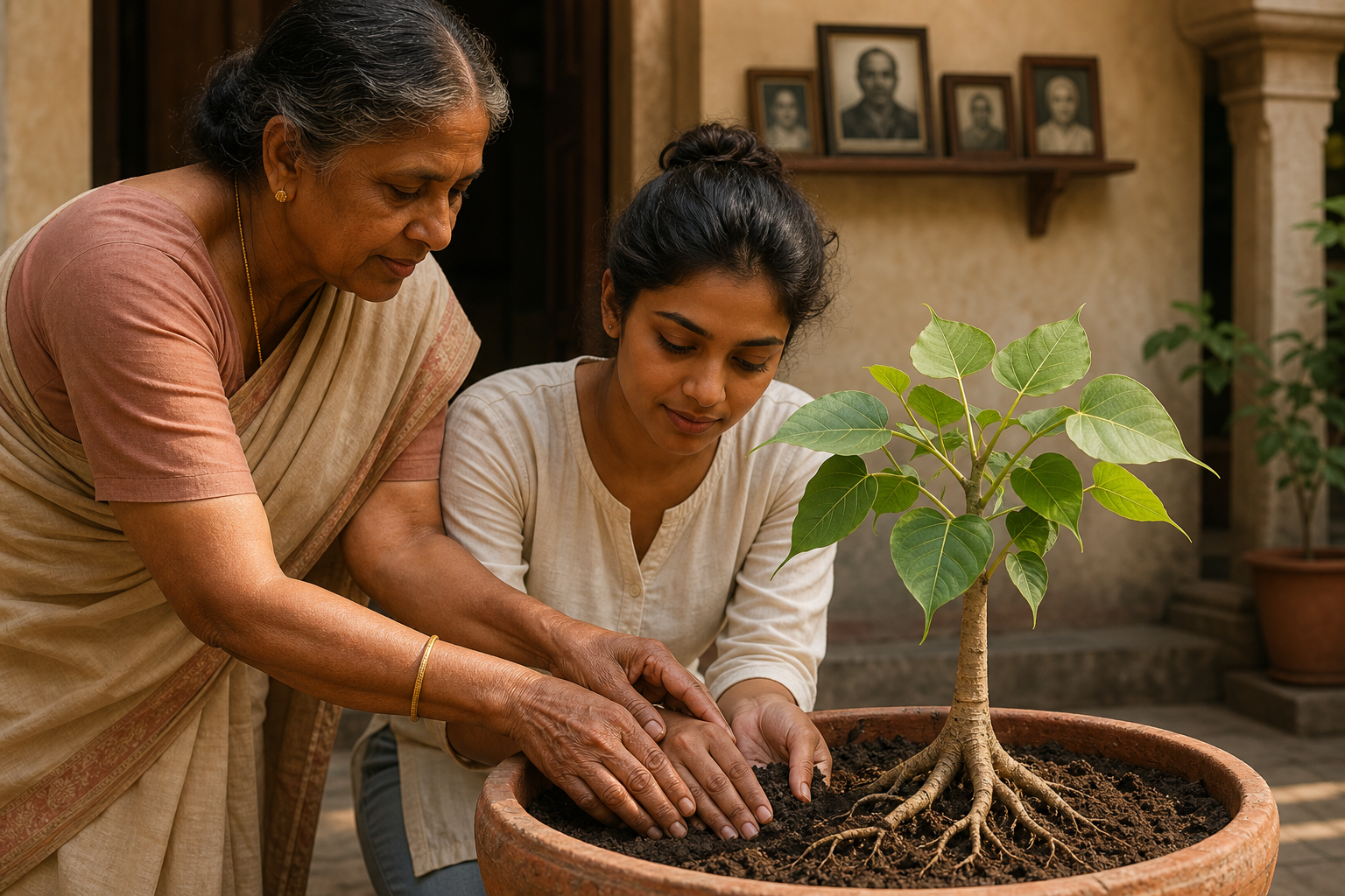 An older woman guides a younger adult in tending a sacred fig sapling in a clay planter, with uninscribed family portraits visible inside the home.