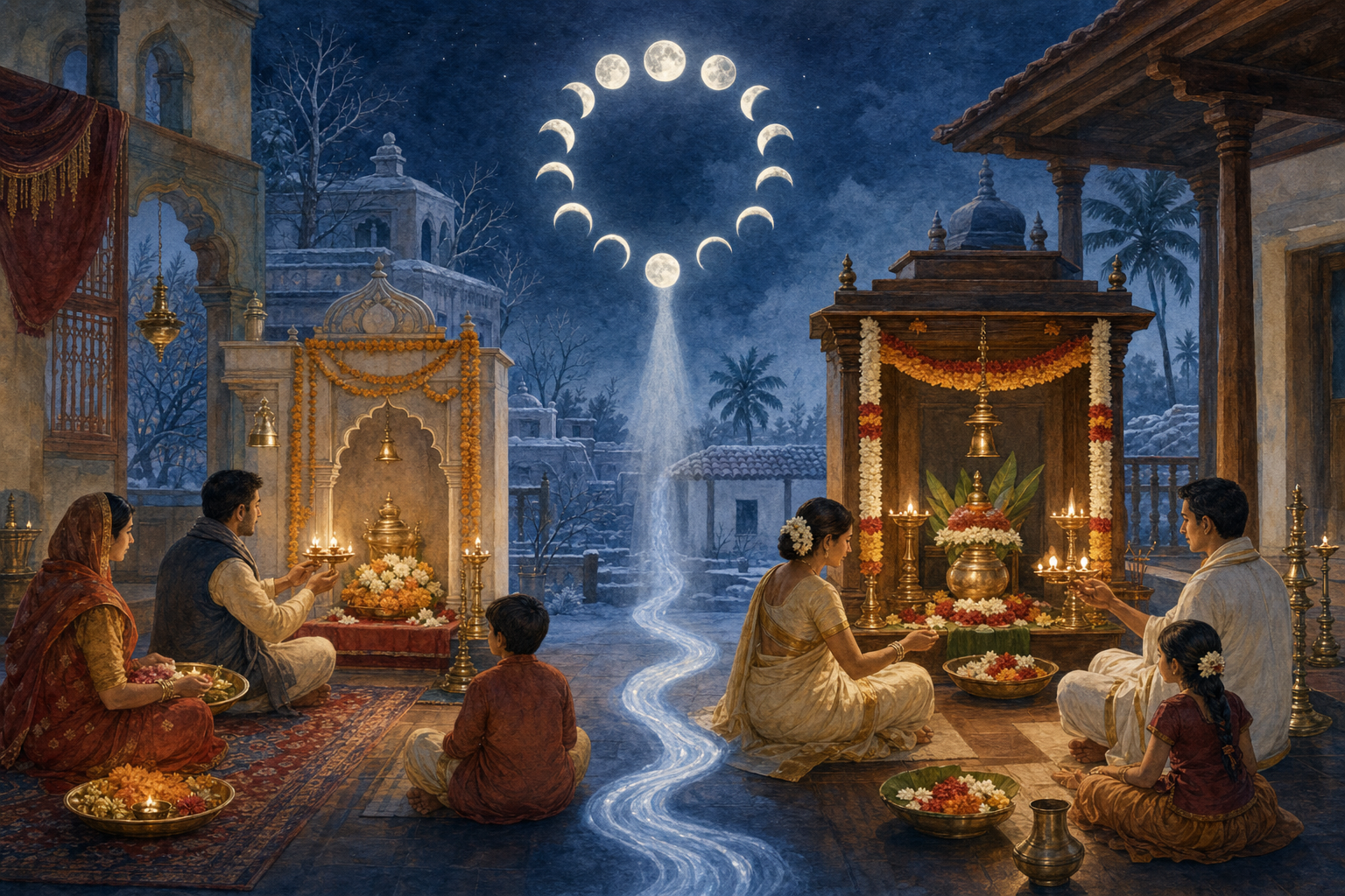Two equally prominent regional household shrines appear beneath different phases of the same lunar cycle, connected by a ribbon of moonlight.