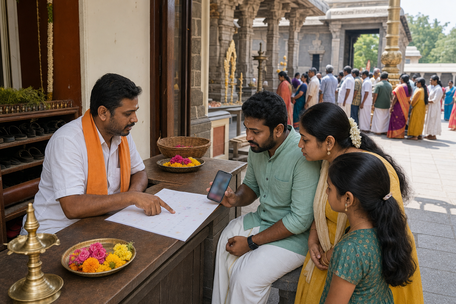 A family checks visit details with a temple volunteer at the entrance while other devotees queue in the courtyard.