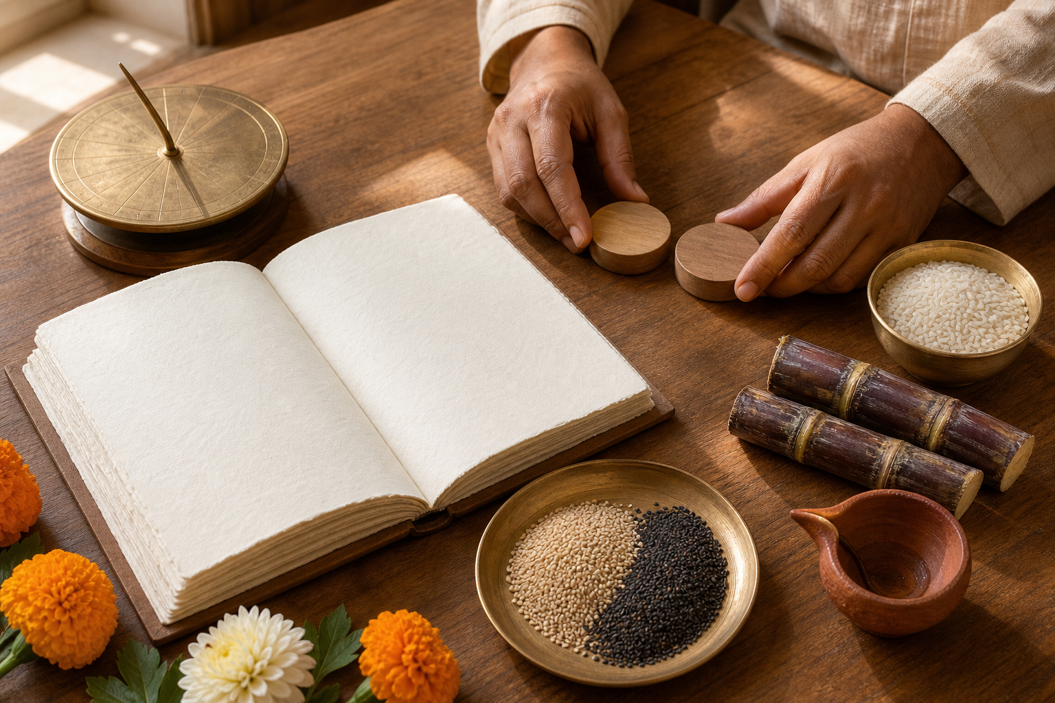 Hands arrange blank wooden day markers on an unprinted planner beside rice, sesame, sugarcane, flowers, and a clay lamp.
