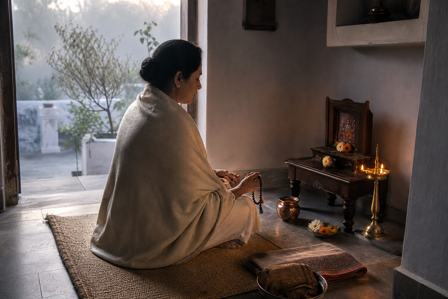 A person performs a simple dawn prayer with beads beside a small home shrine, oil lamp, water vessel, flowers and a bowl for charity.