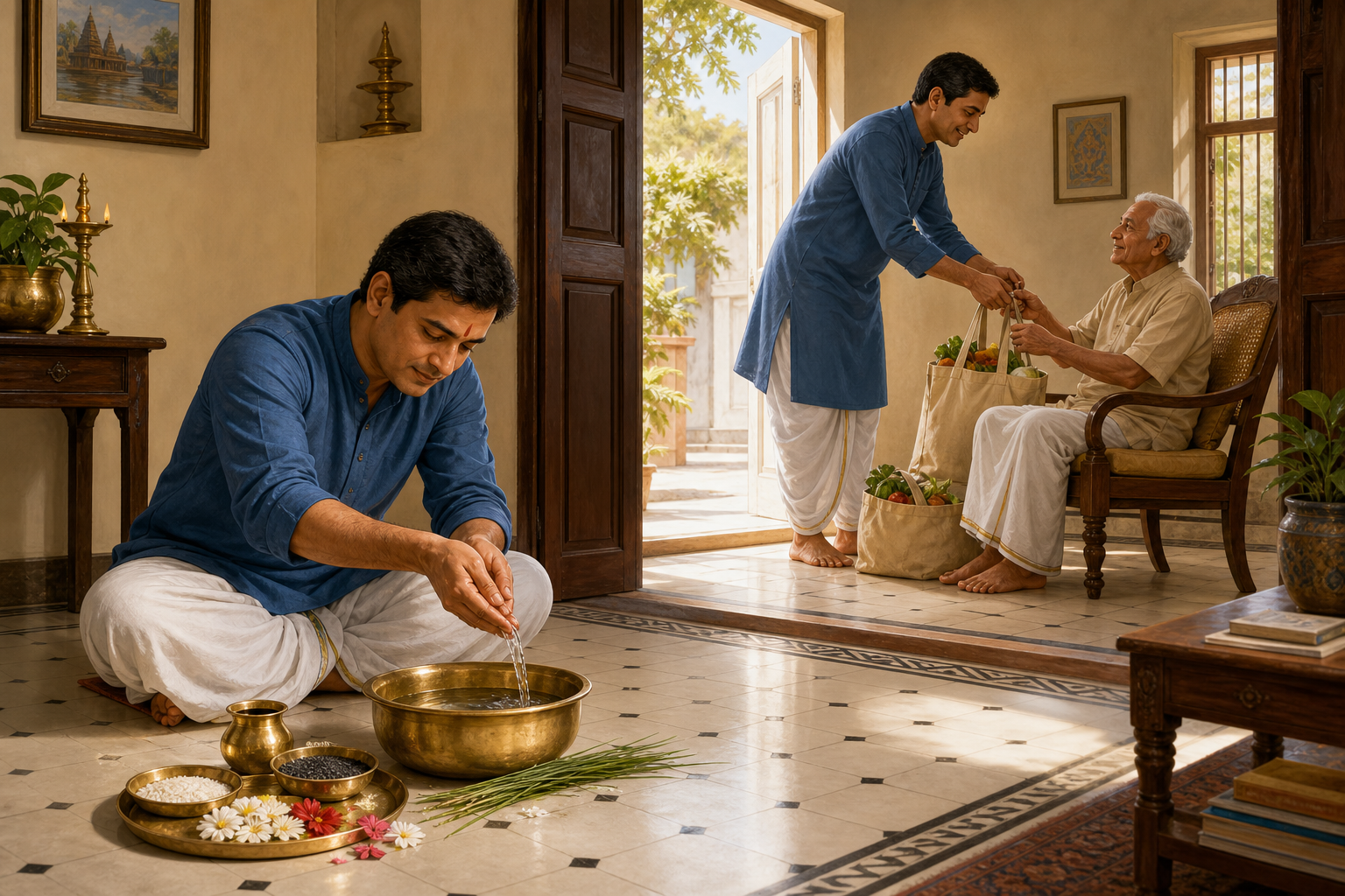 An adult makes a simple water and food offering in the foreground while helping an elderly relative through an open doorway in the same home.