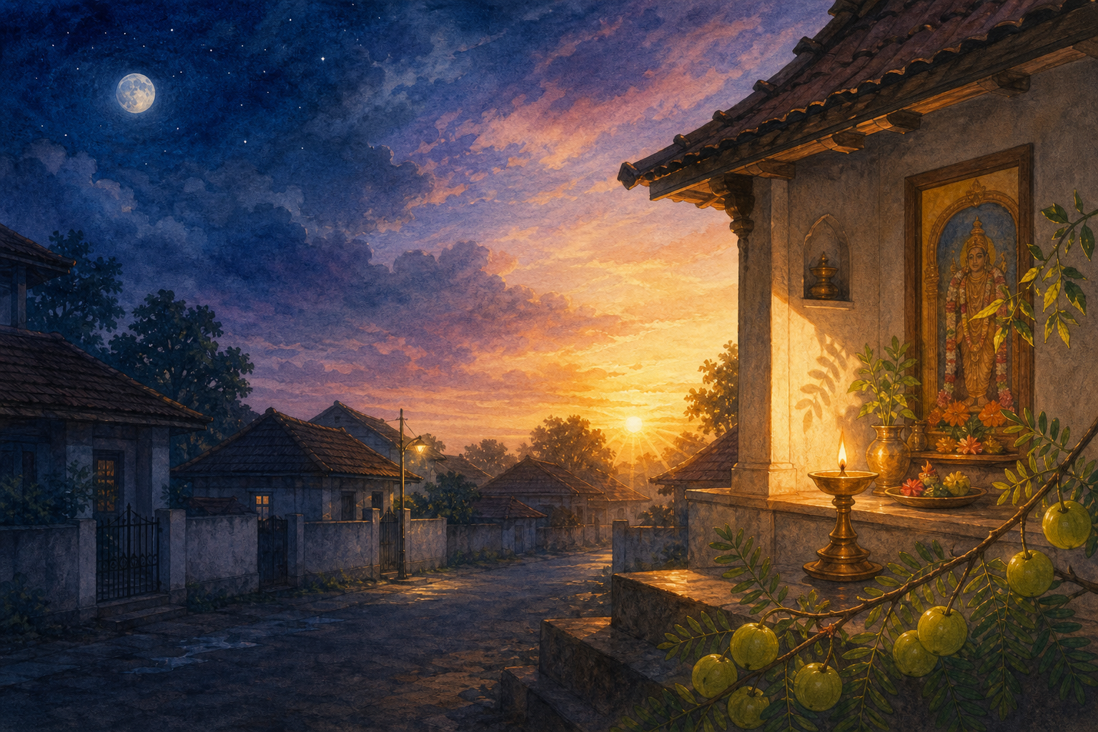 A moonlit predawn sky changes into sunrise above a home prayer space with an amla branch and brass lamp.