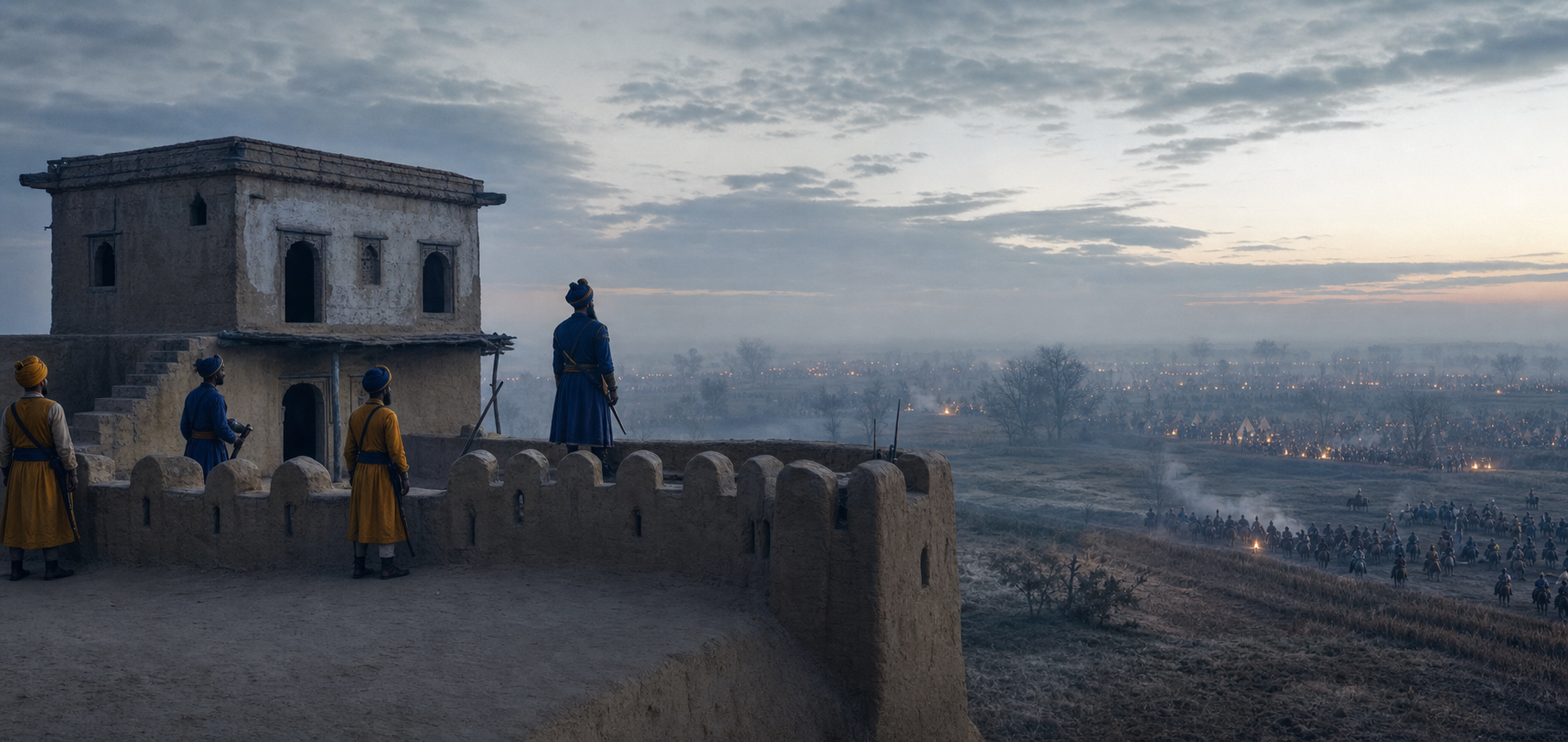 Sikh defenders stand on a small mud-brick enclosure at Chamkaur while a much larger army gathers across misty winter fields before dawn.