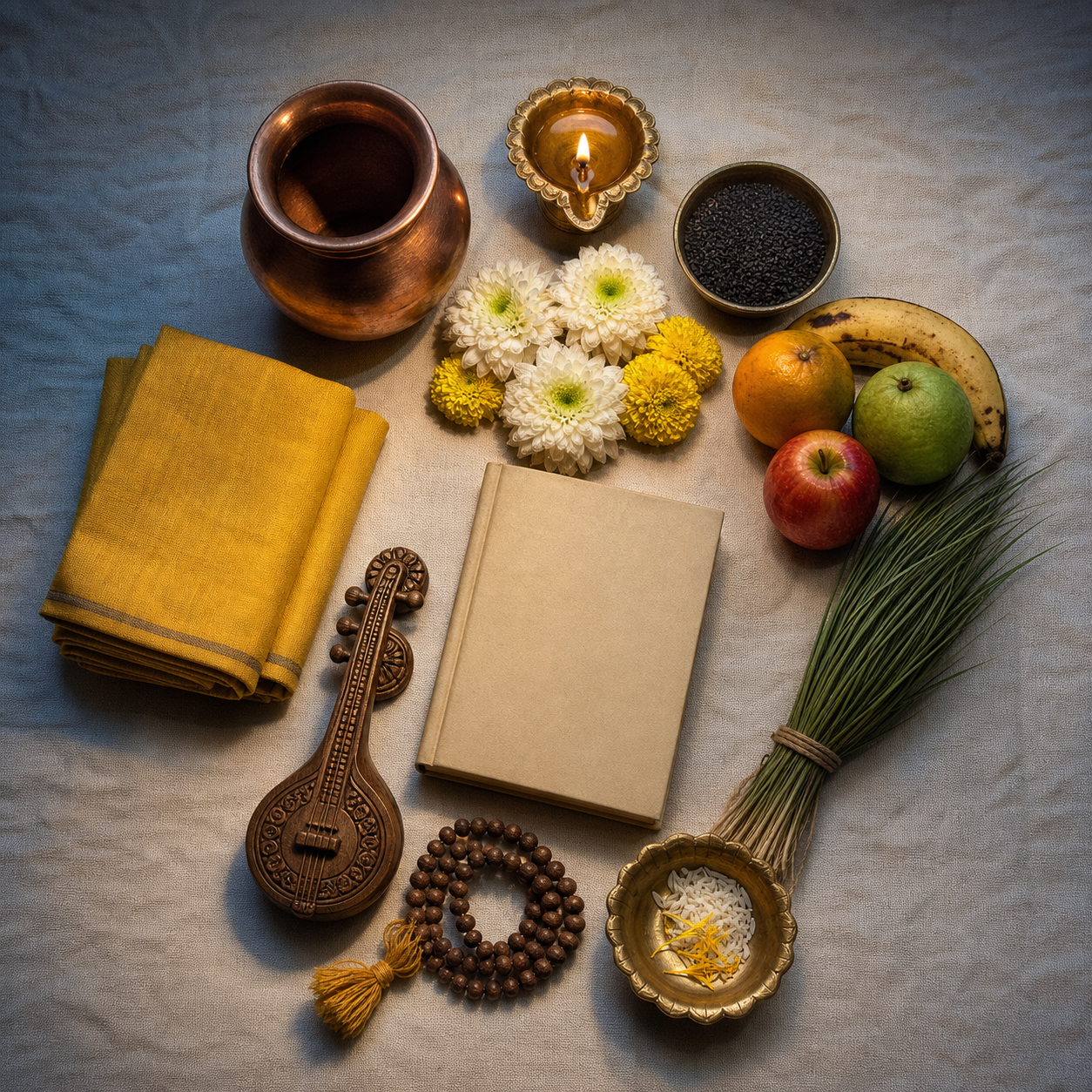 A circular arrangement of a lamp, water vessel, sesame seeds, fruit, yellow cloth, flowers, prayer beads, a plain book and a small wooden veena motif.