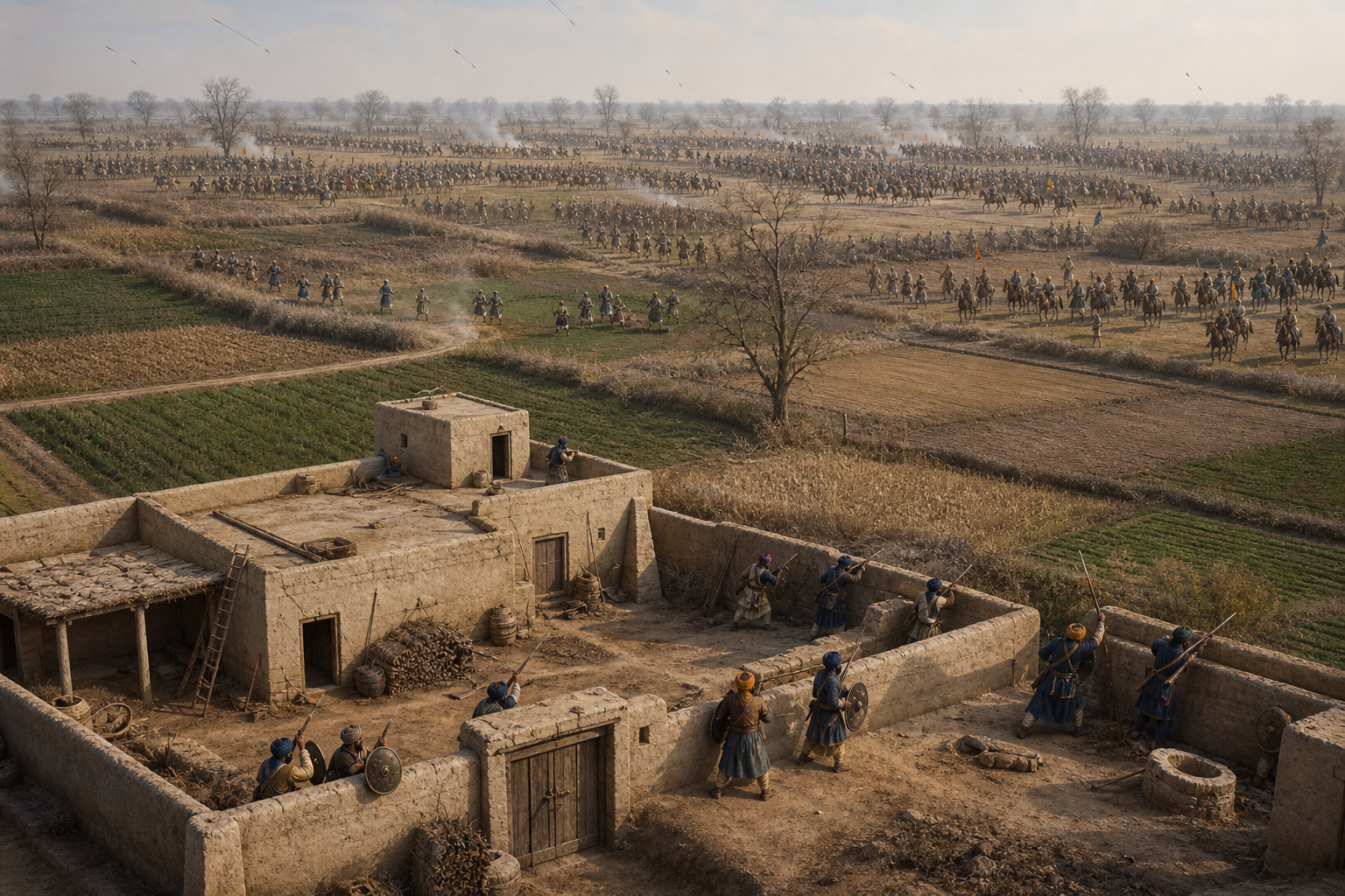 An elevated view shows a small fortified house at Chamkaur surrounded across winter fields by successive ranks of opposing troops.