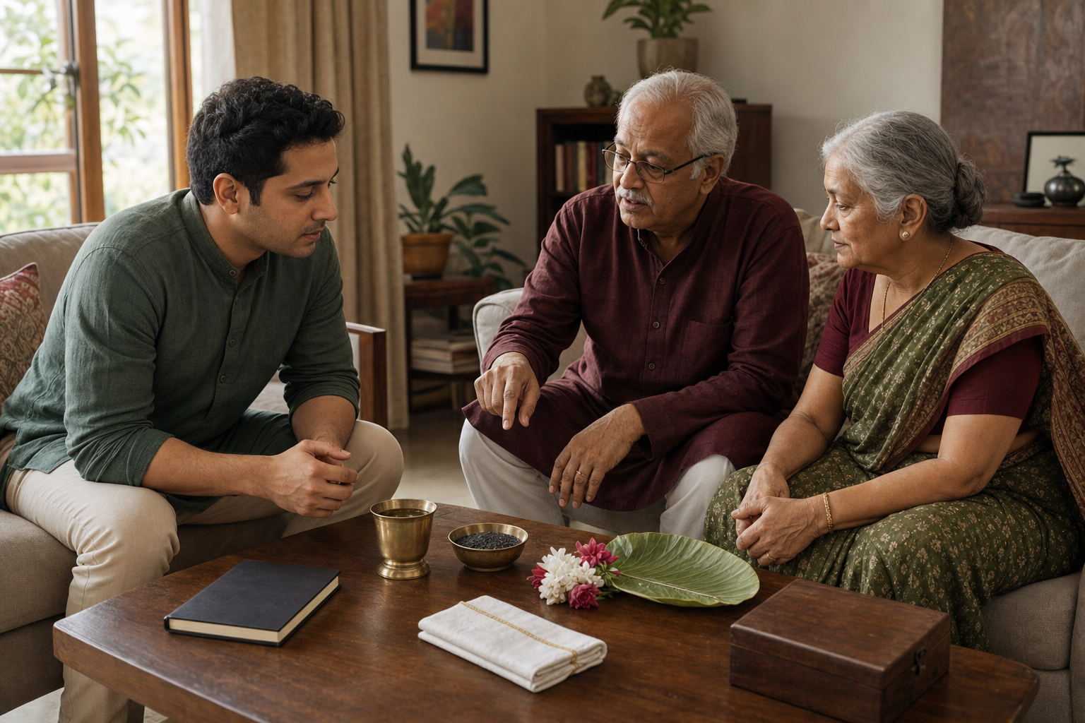 A younger family member listens to two elders beside a table holding water, sesame, flowers, a leaf plate, folded cloth, and an unmarked notebook.