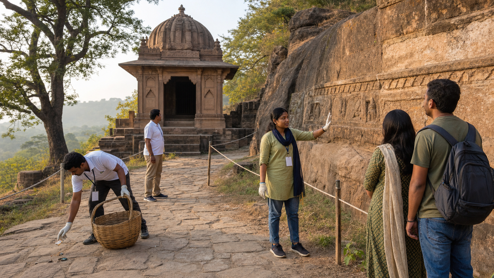 Volunteers collect litter and calmly guide visitors away from a fragile wall at a historic Indian fort precinct.