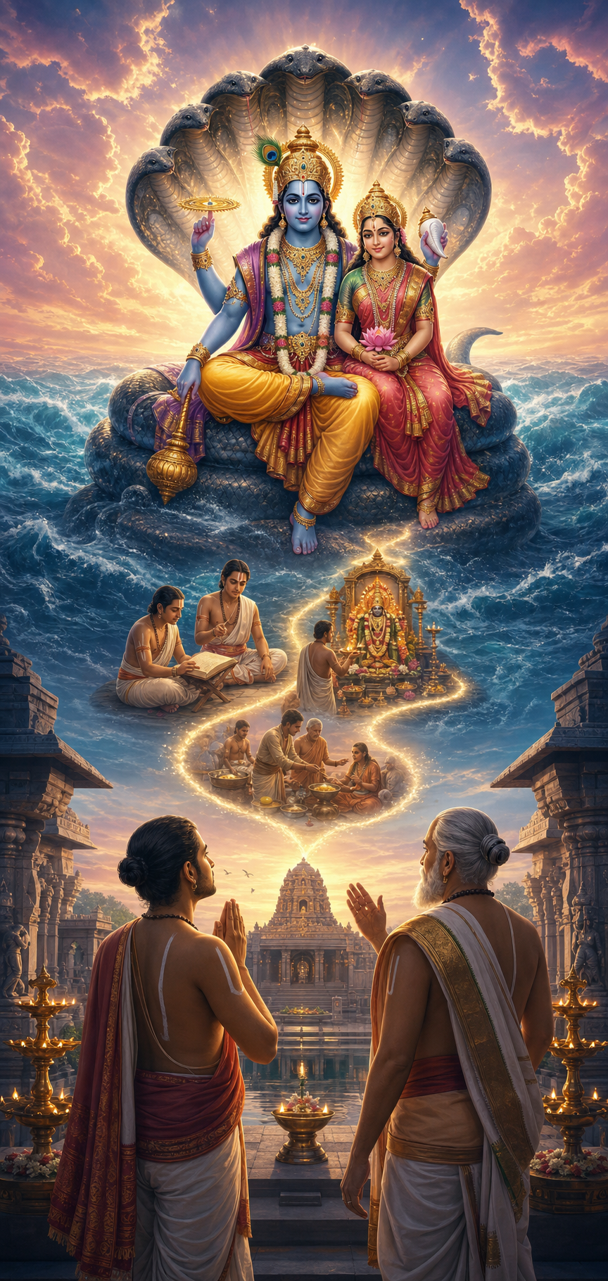 Narayana and Sri Lakshmi rest on Ananta above cosmic waters as an acharya guides a devotee along a path of worship, study, and service.