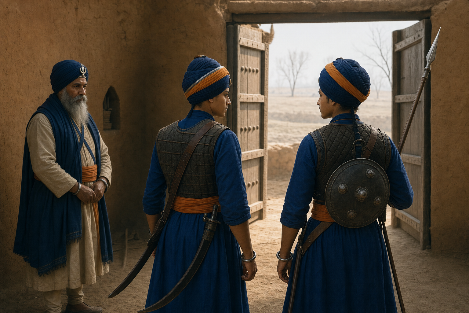 Ajit Singh and Jujhar Singh stand together at the open gateway of the Chamkaur enclosure in period Sikh clothing and armor.