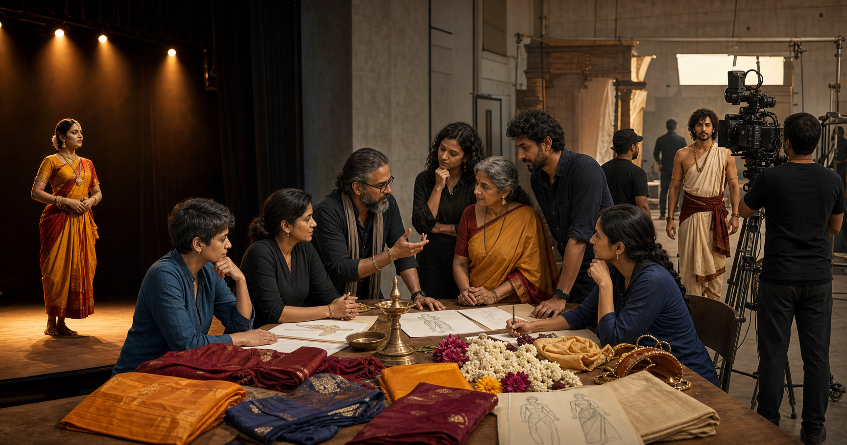 A creative team reviews costumes and cultural props in a rehearsal studio shared by a theater stage and a film set.