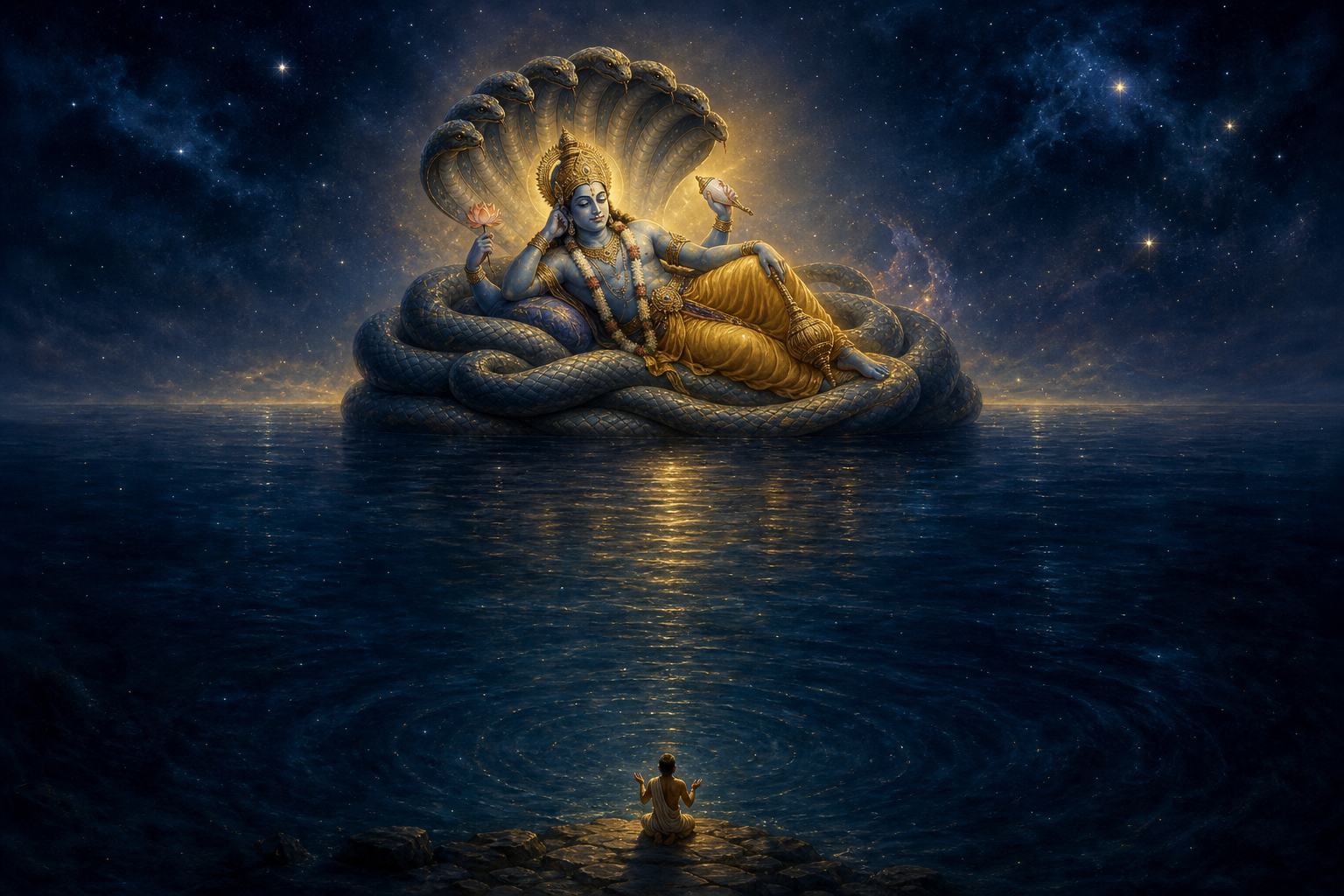 A small kneeling devotee faces Narayana resting on Ananta across expansive, star-reflecting cosmic waters.