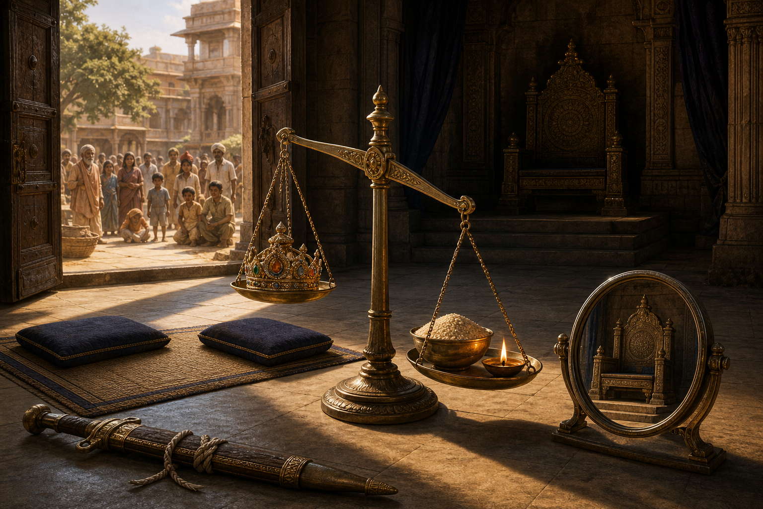 An empty throne room contains a balance scale, a crown, grain, a lamp, a sheathed sword, and an open doorway overlooking a peaceful public courtyard.