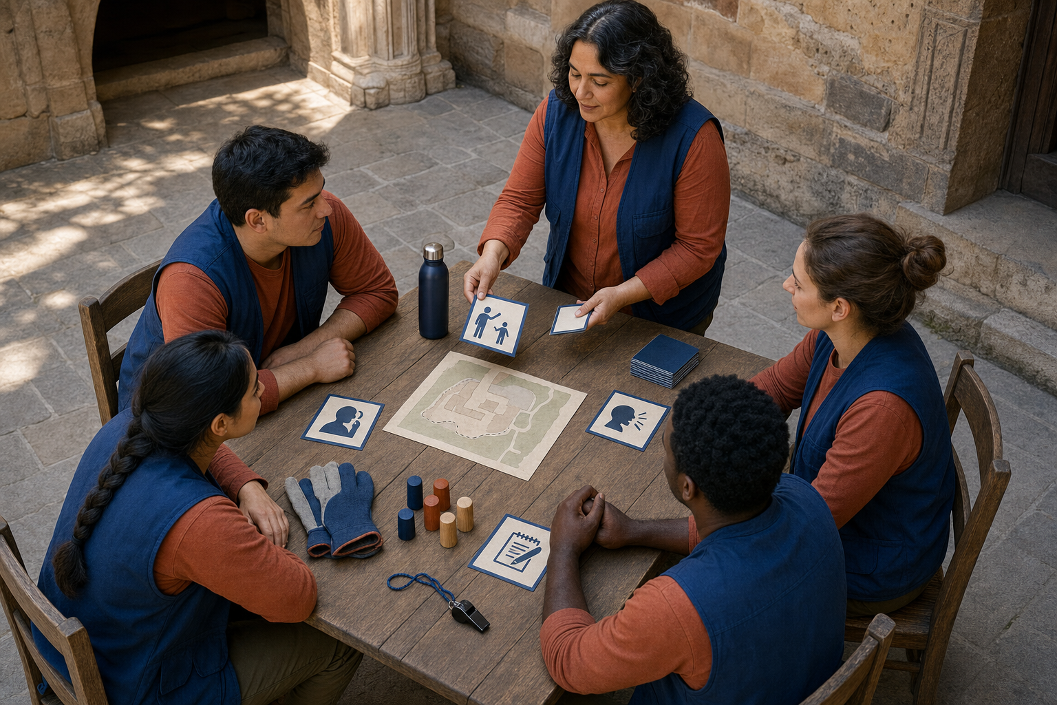 Volunteers gather around a table with a site sketch, equipment and pictogram role cards during a pre-shift briefing.