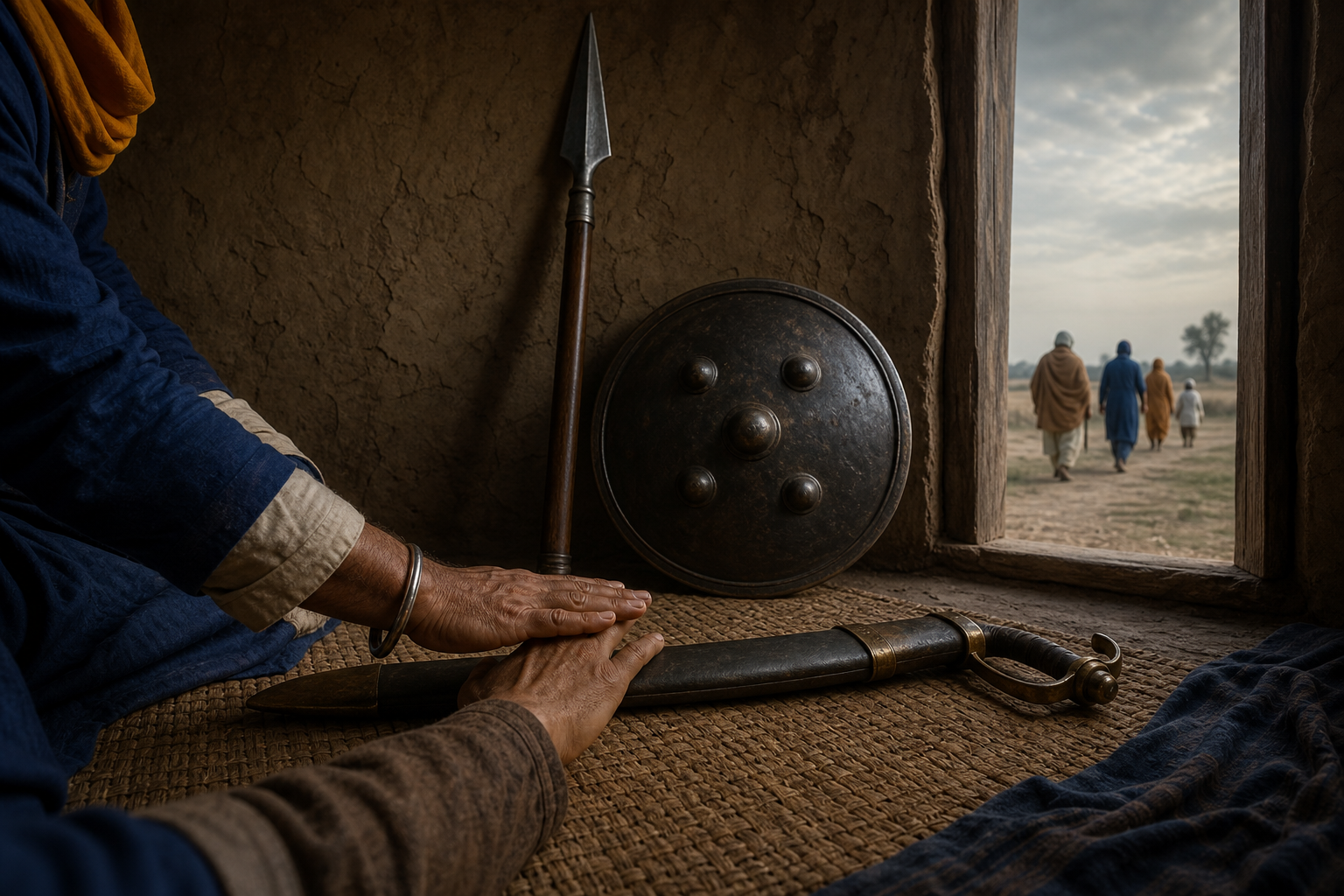 A Sikh warrior's open hand holds back a hand near a sheathed sword while civilians depart through a doorway in the distance.