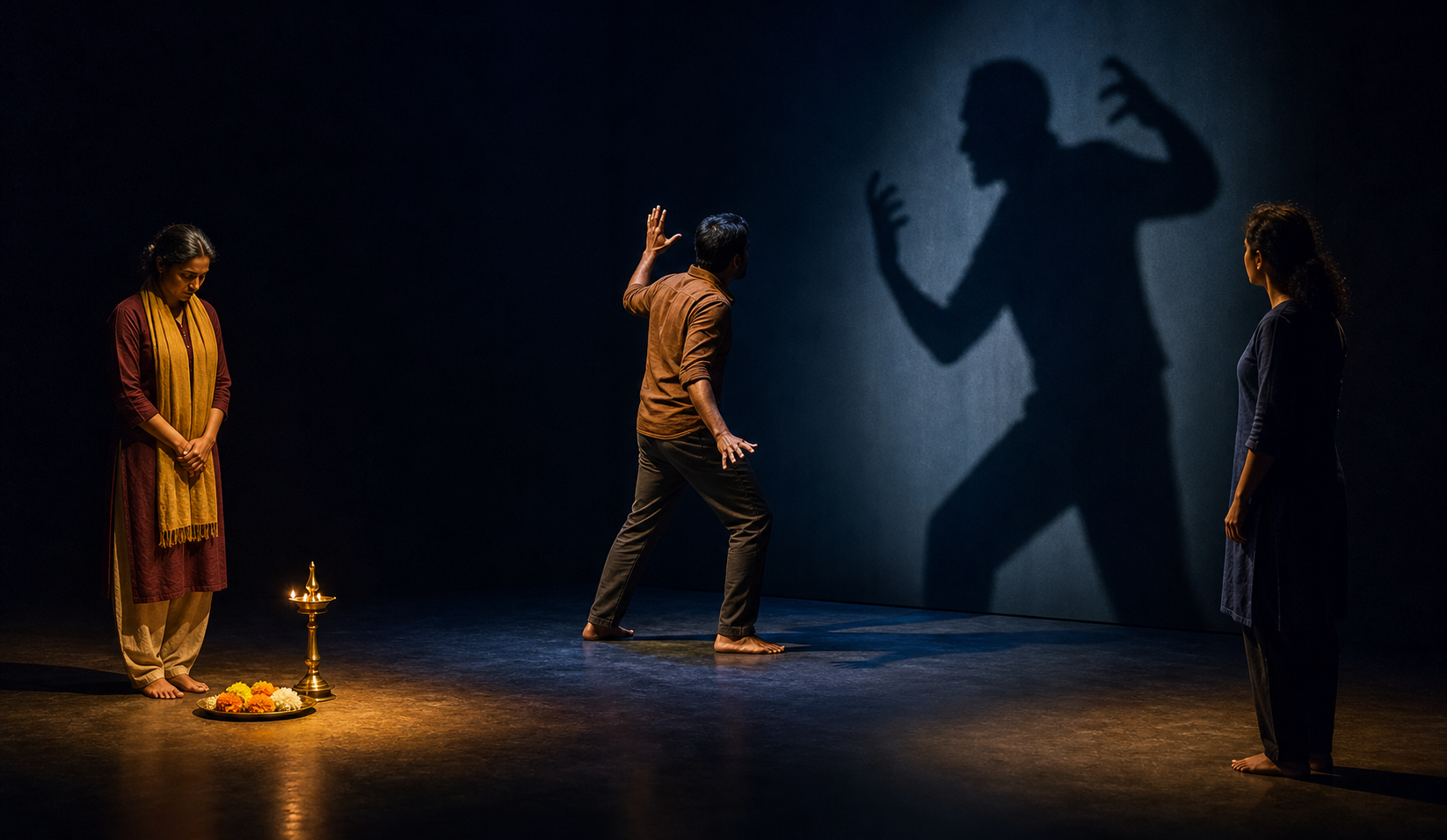 Three performers stand in a dark theater while stage lighting casts an exaggerated shadow behind one of them near a brass lamp and flowers.
