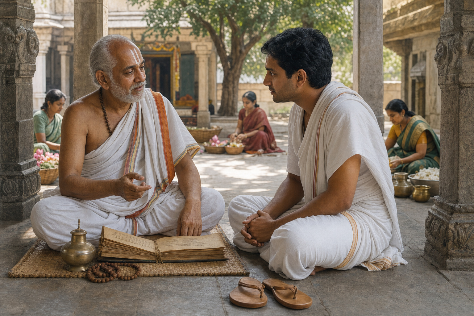 An elder Sri Vaishnava acharya teaches a seated disciple in a temple courtyard while community members prepare offerings and service nearby.