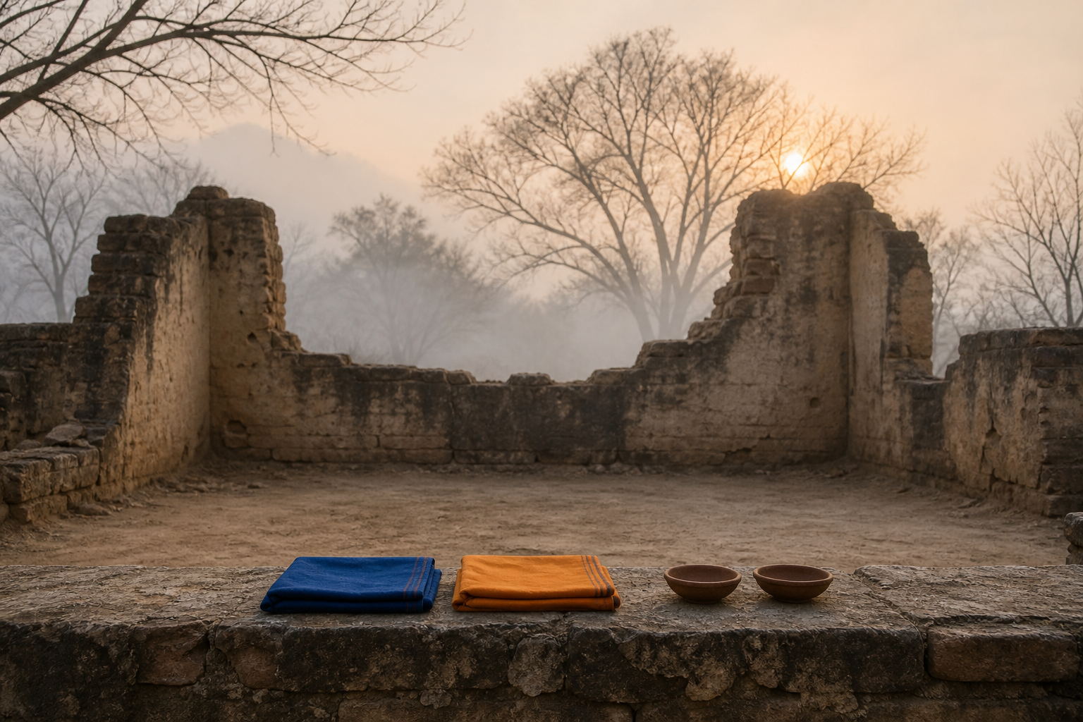 Two folded cloths and two unlit clay lamps rest on a stone ledge in an empty, misty mud-brick courtyard.