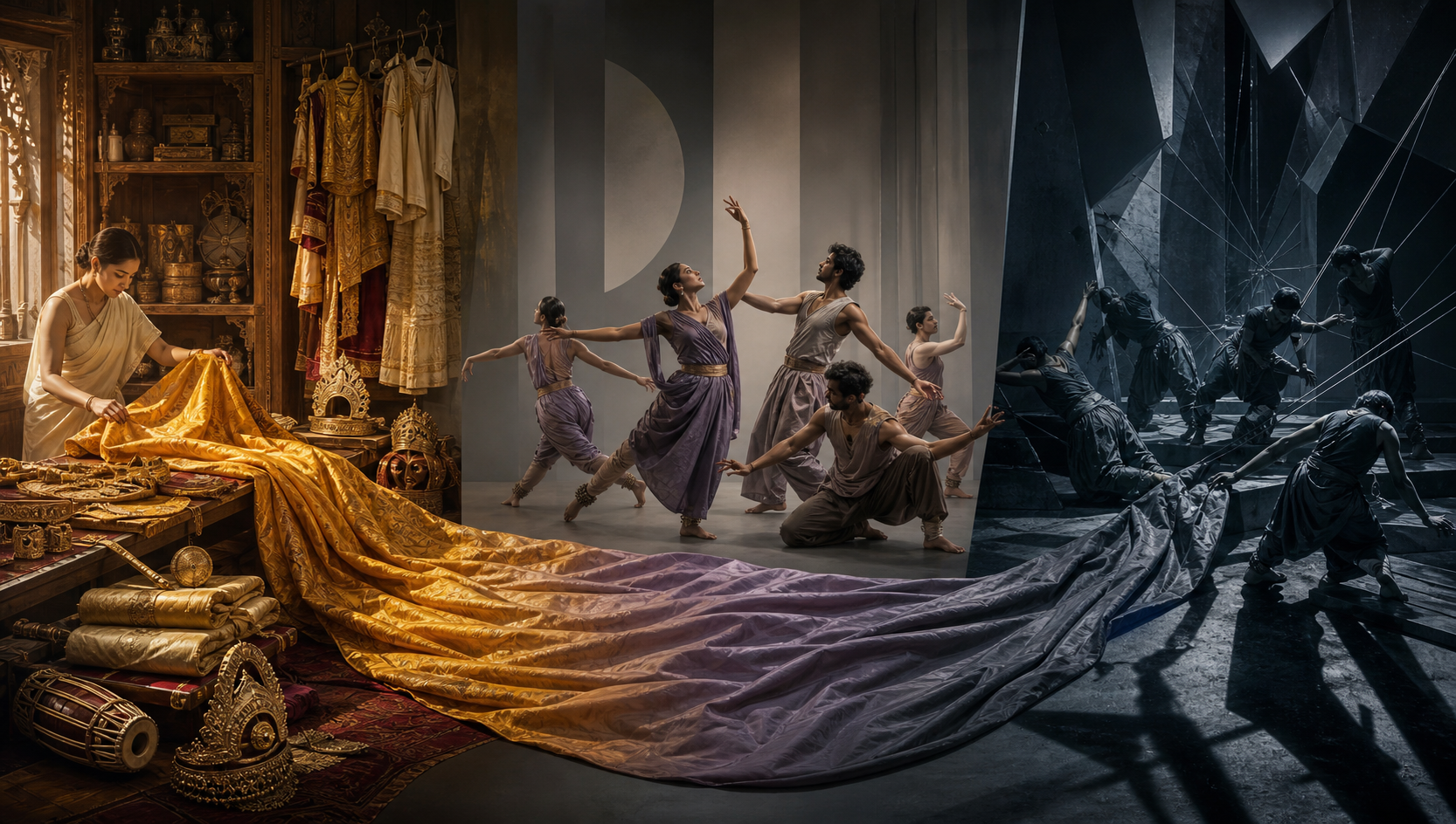 Three connected stage scenes show traditional materials, a contemporary reinterpretation, and a threatening reversal linked by a flowing piece of fabric.