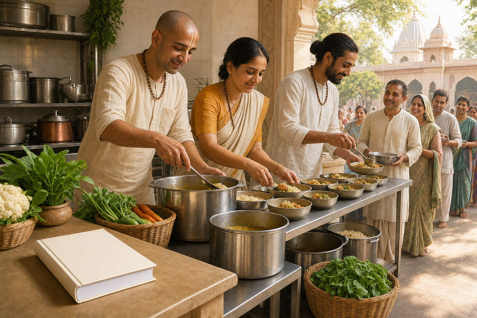 Devotees portion vegetarian food for guests beside a closed sacred book in a temple community kitchen.