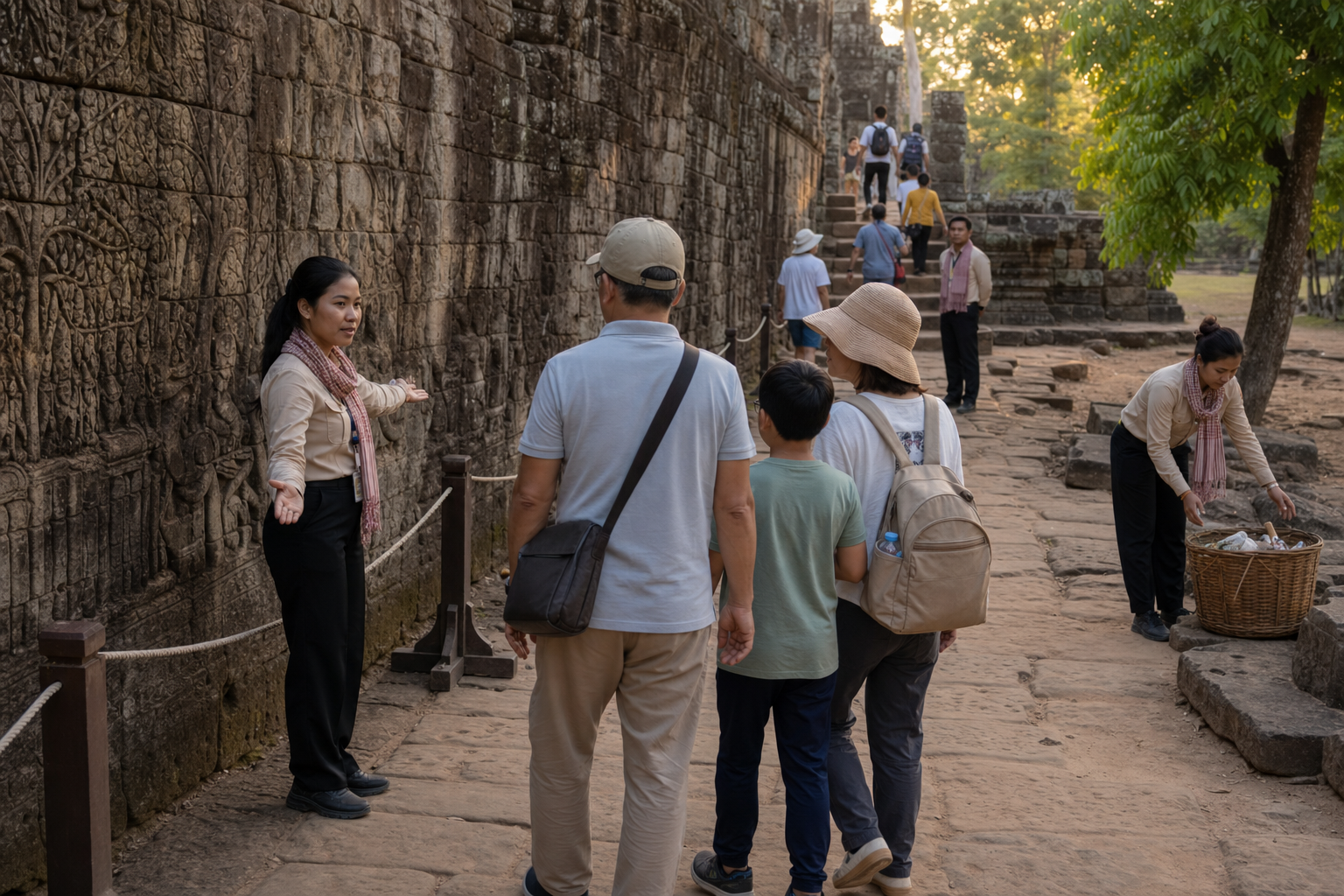 Volunteers positioned along a heritage path guide visitors away from a carved wall, narrow stairs and a litter-prone rest area.