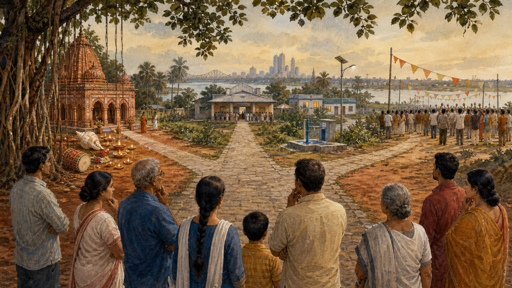 Bengali citizens stand at a crossroads between a terracotta temple courtyard, an anonymous election gathering, and a polling place beside public services.