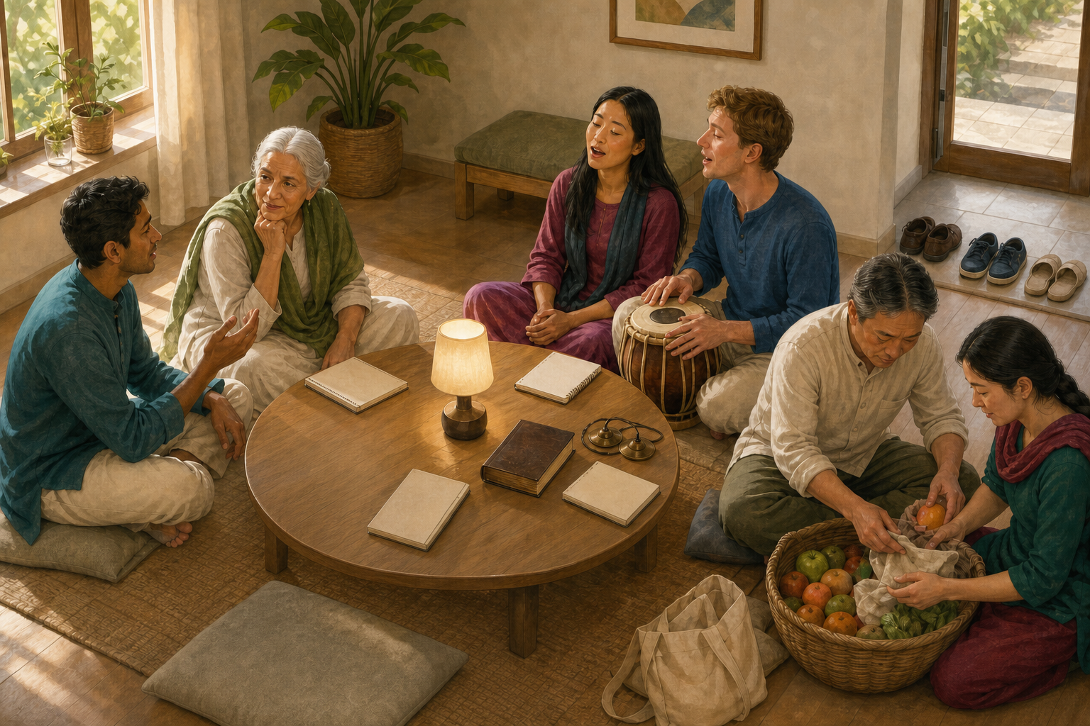 Six people in a community room study together, practise devotional music, and prepare a food basket for service.