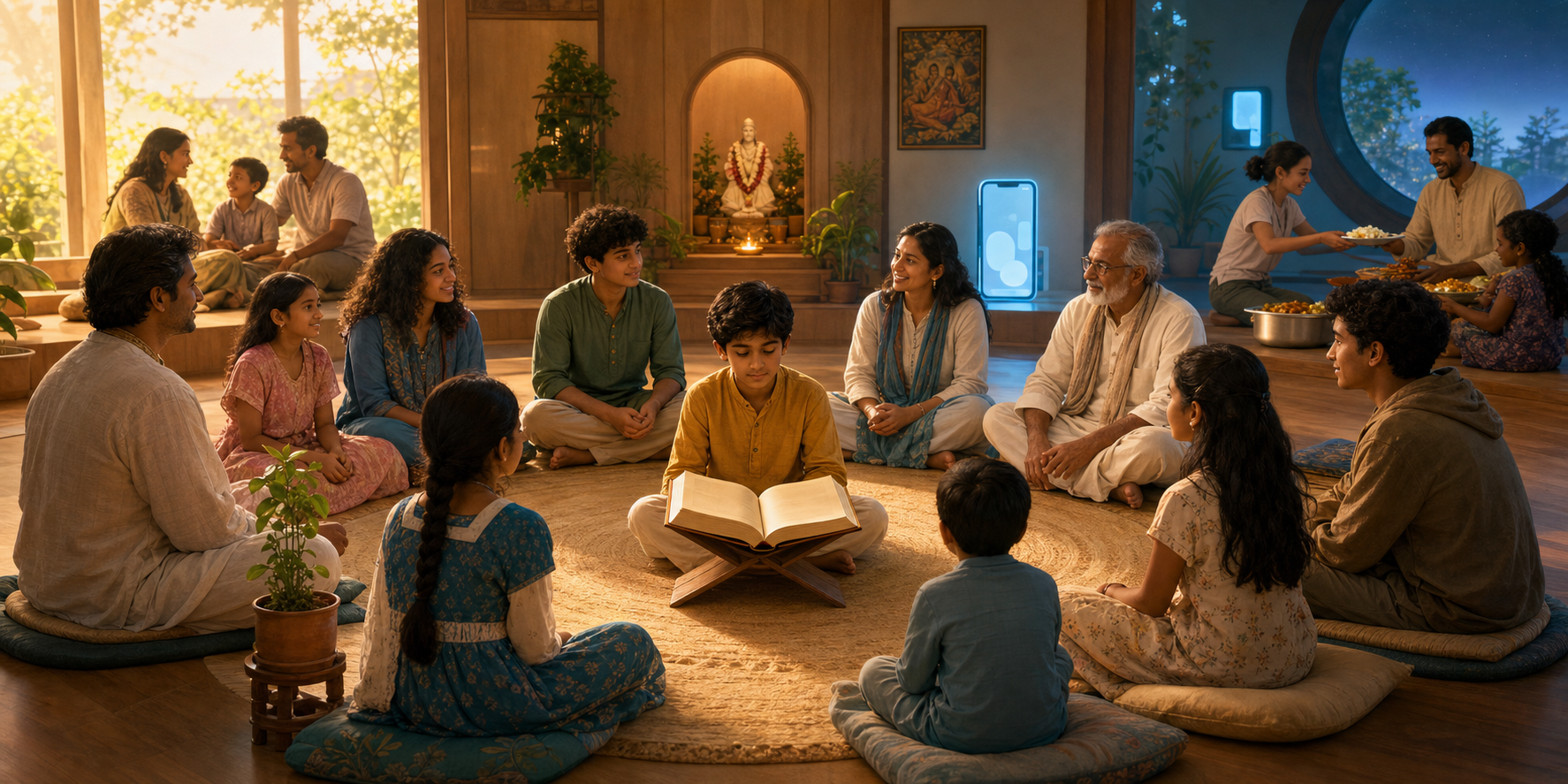 Children, adults, and elders sit in a circular bhakti classroom around an open sacred book while a young learner reflects on modern choices.