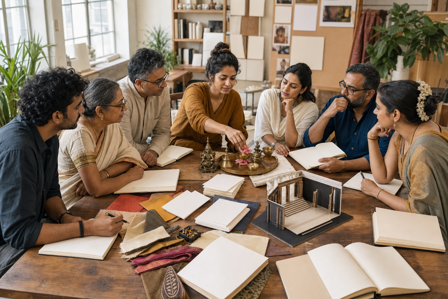 Writers, performers, designers, and cultural advisers collaborate around a table with fabric samples, a stage model, flowers, and ritual reference objects.