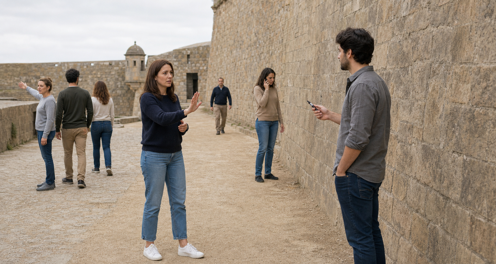 A volunteer calmly addresses a visitor near an unmarked heritage wall while a teammate calls an approaching site official.