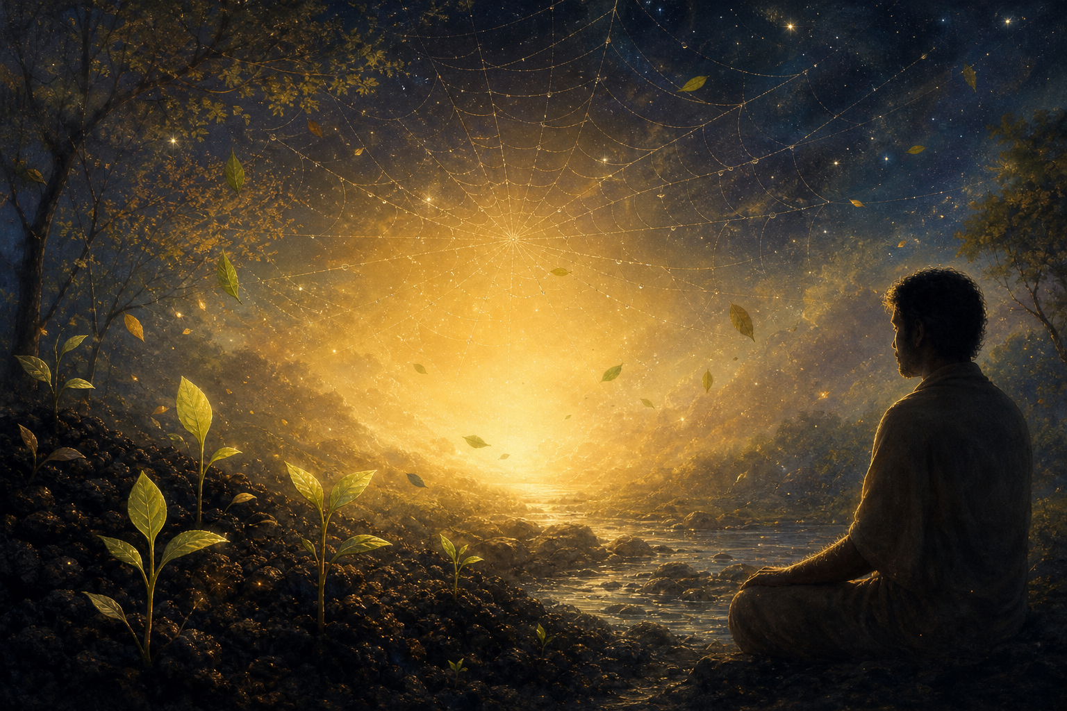 A spiderweb, green shoots, and a seated human figure emerge within a golden radiance in a twilight forest.
