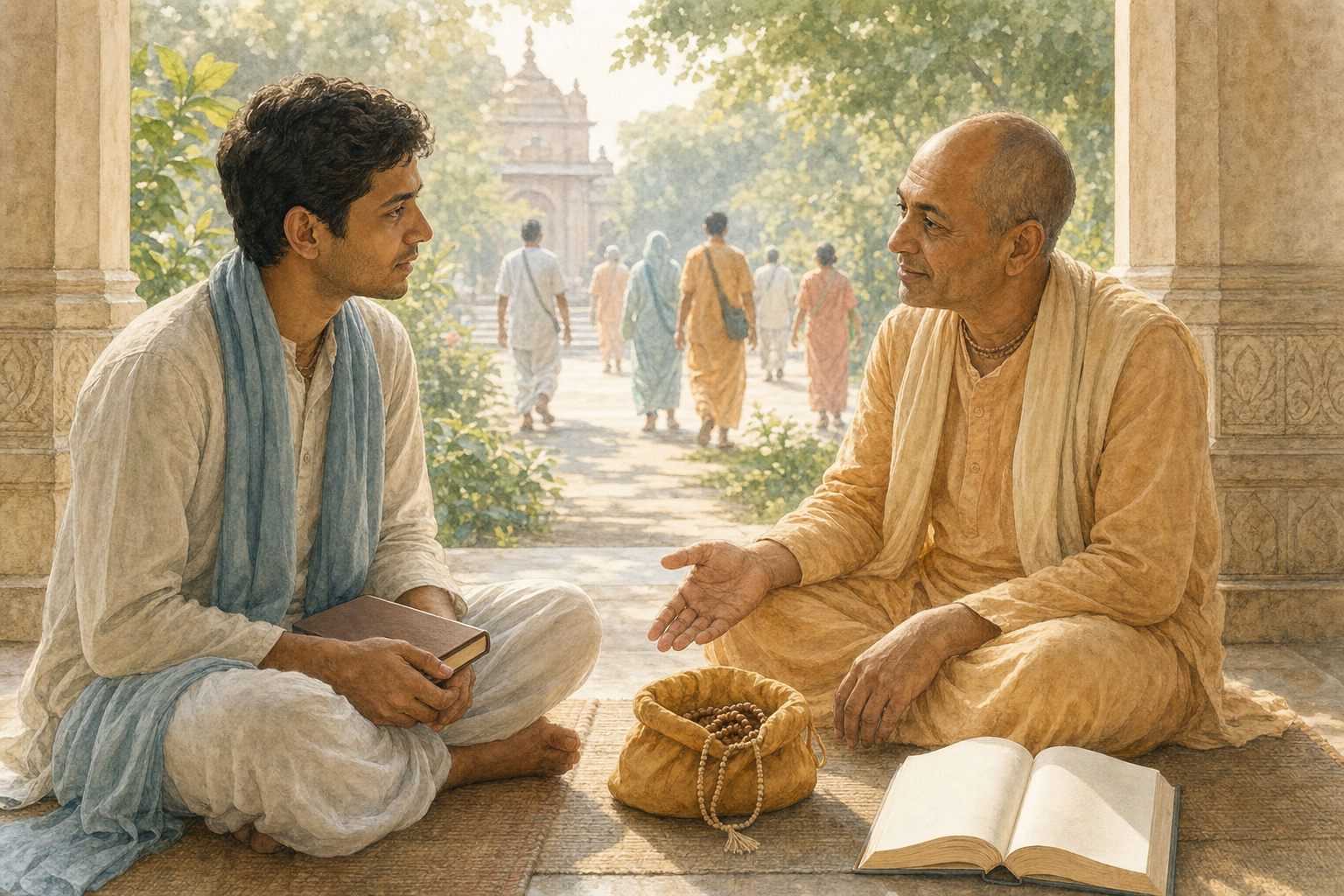 A devotee asks an older Vaishnava teacher a question beside a sacred book and a japa bead bag on a temple veranda.