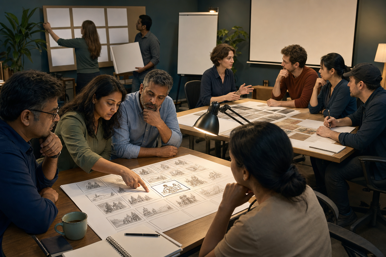 Audience advocates and a production team examine a specific storyboard frame together while preparing a revised version.