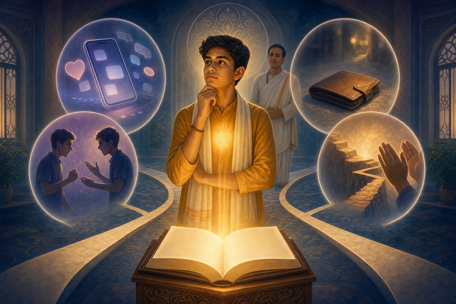 A teenage student pauses at a branching path surrounded by wordless scenes of ethical choices as light from an open scripture guides reflection.