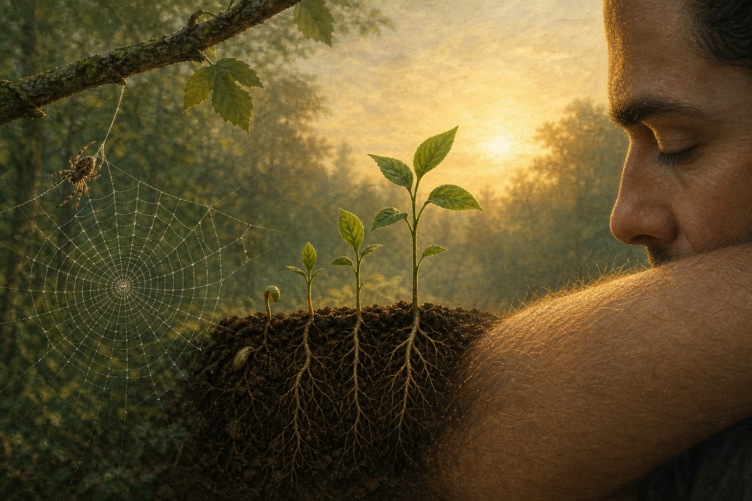 Three linked scenes show a spider spinning a web, plants growing from soil, and fine hair growing from a human body.