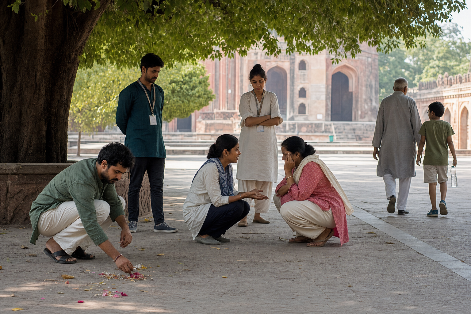 A volunteer picks up litter while another listens calmly to an upset visitor in a shaded heritage courtyard.