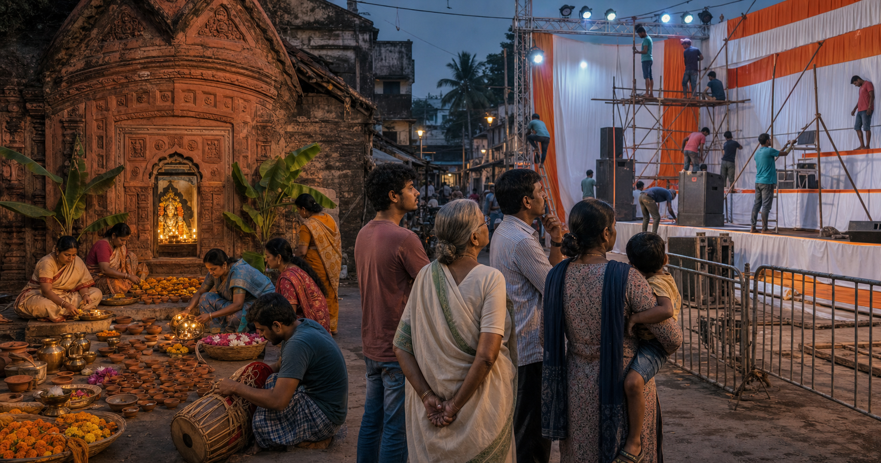 Residents in a Bengali neighborhood compare quiet community festival preparations with an anonymous political stage being built nearby.