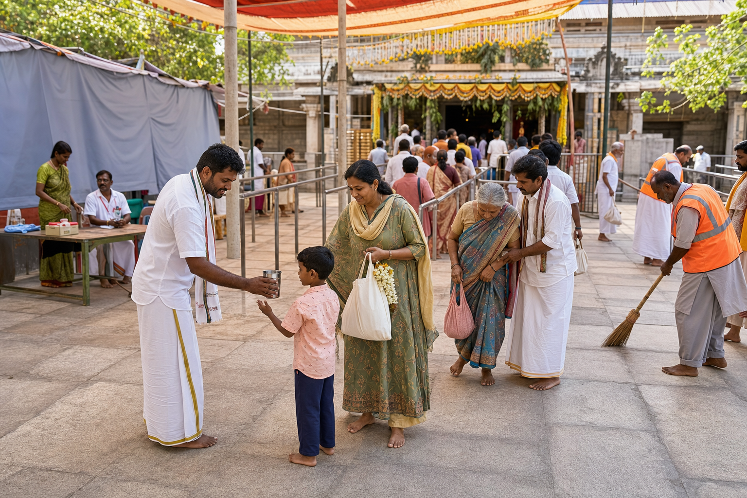 Volunteers guide an orderly line of temple pilgrims while offering water and assisting an elderly devotee in a shaded courtyard.