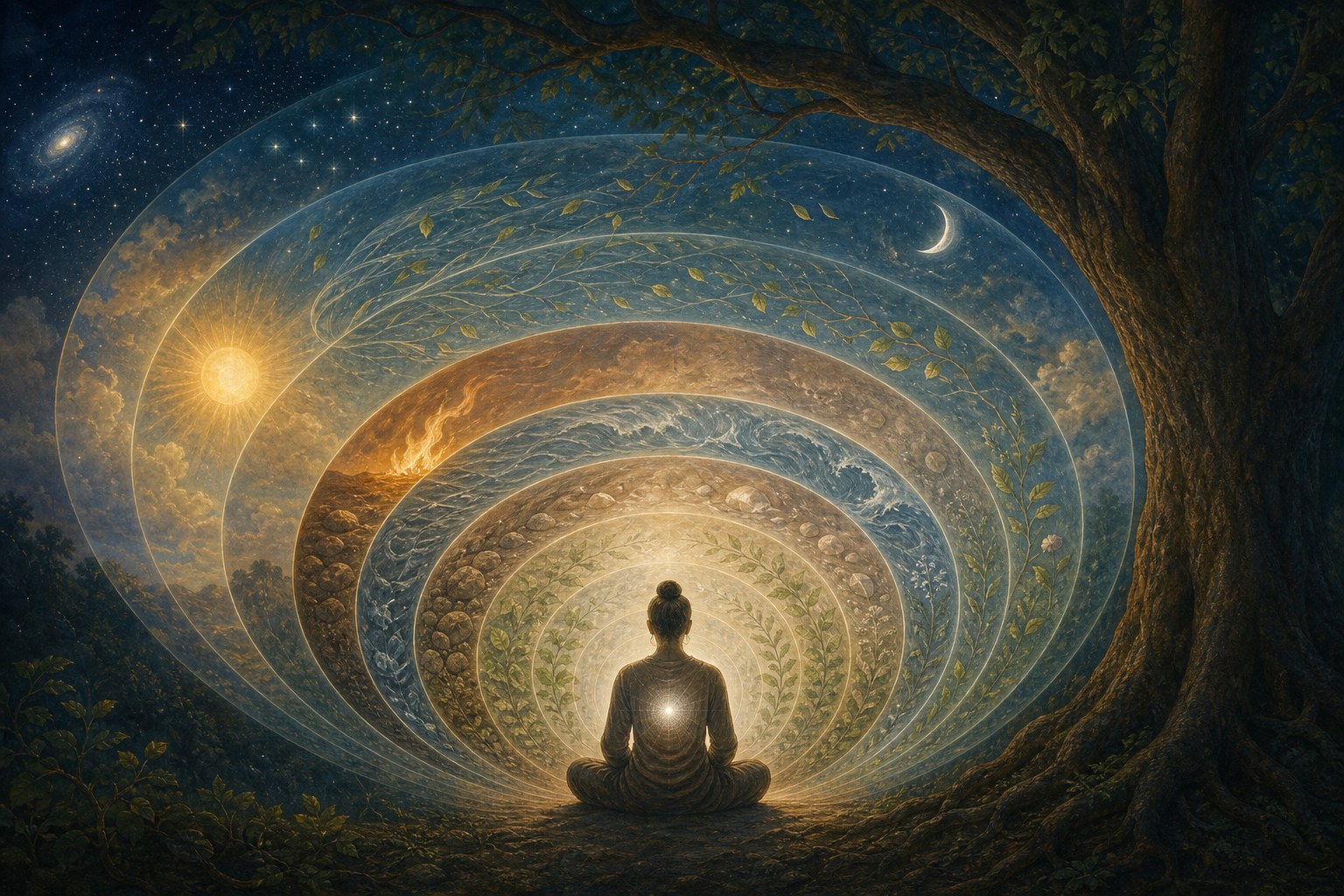 A seated figure is surrounded by layers of stars, elements, earth, plants, and the body that curve inward toward a quiet light at the heart.