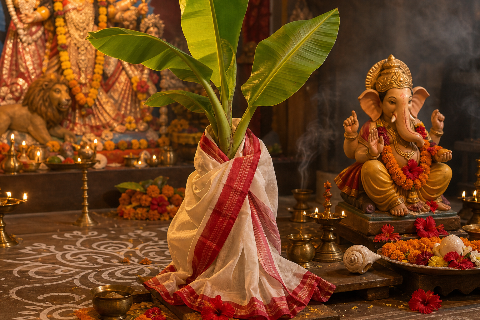 A banana plant wrapped in a red-bordered white sari stands near Ganesha at a Bengali Durga Puja altar with lamps and flower offerings.