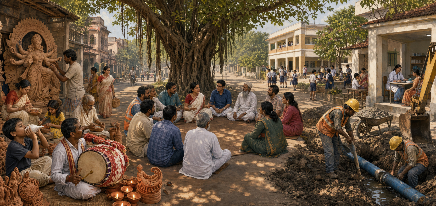 A seamless three-part Bengali neighborhood scene shows cultural traditions, an equal civic discussion, and workers maintaining public services.