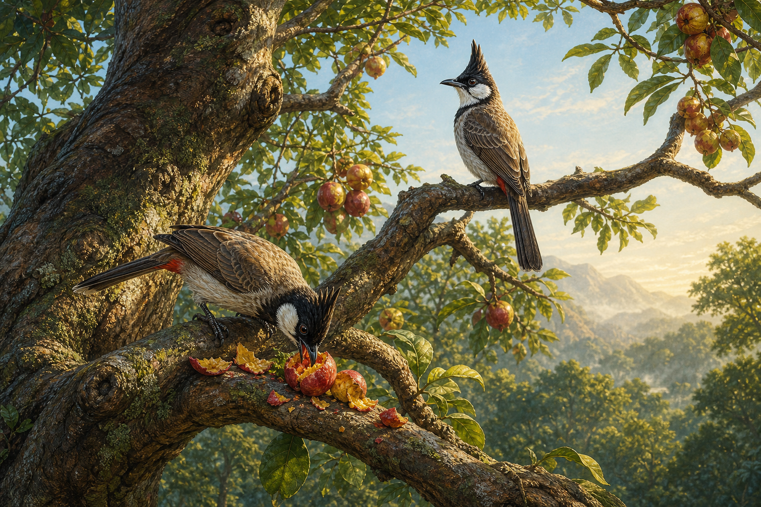 Two similar birds share a fruit tree; one eats a red-gold fruit while the other sits still and watches.