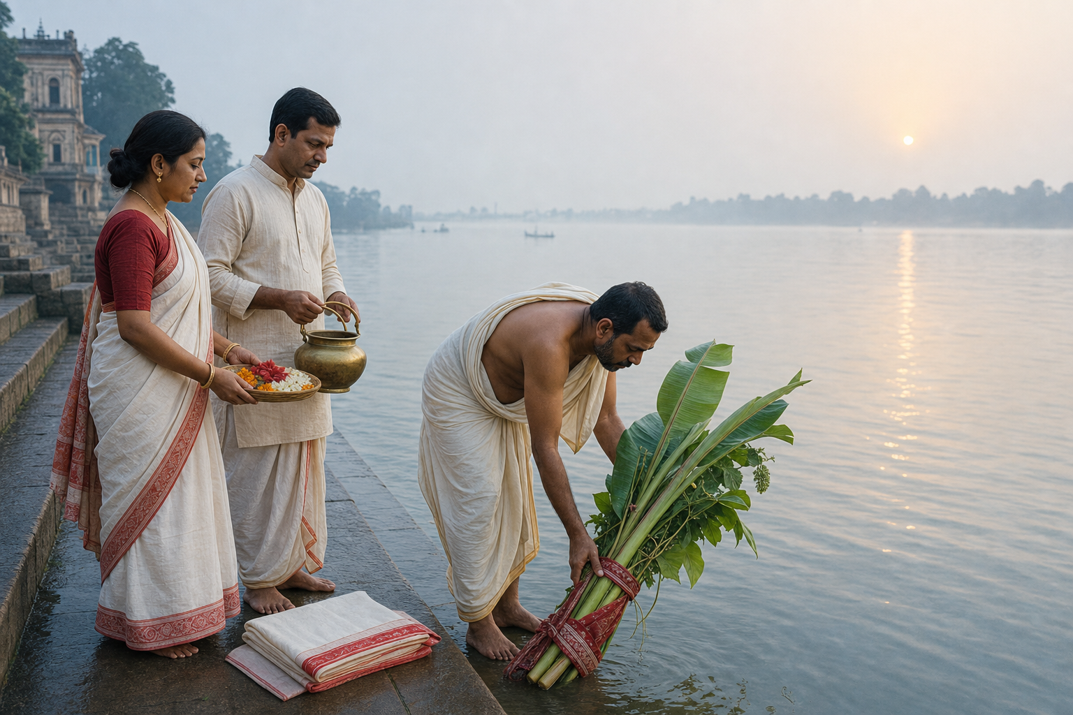 A priest bathes a bundled Nabapatrika at a misty riverbank on Mahasaptami dawn while family worshippers hold ritual offerings.
