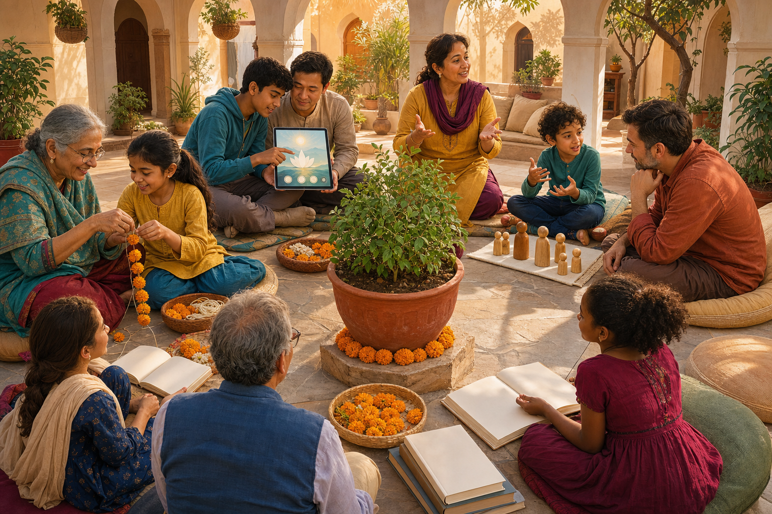 Children, teenagers, parents, and elders learn from one another in small groups arranged around a tulsi plant in a community courtyard.